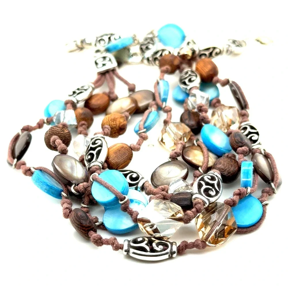 Brighton Multi Strand Shell Wood Bead Necklace Silver Tone Blue Brown 18-20